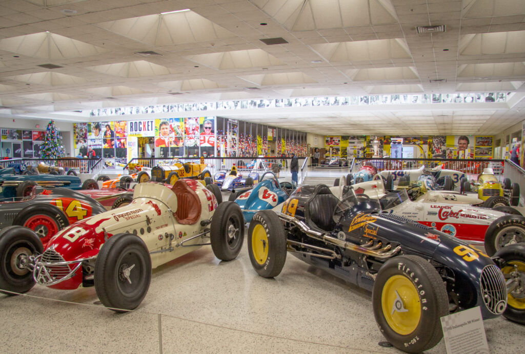 Historic winning Indy cars inside the Indianapolis Motor Speedway Museum