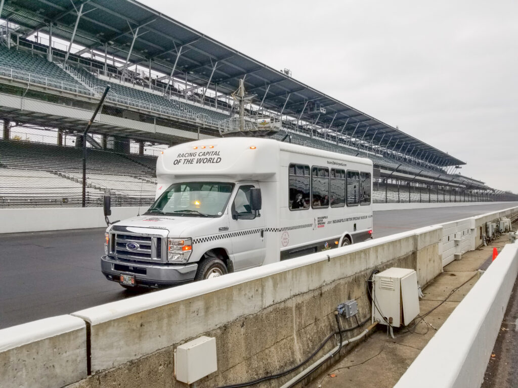 Tour bus on the Indianapolis Motor Speedway oval track