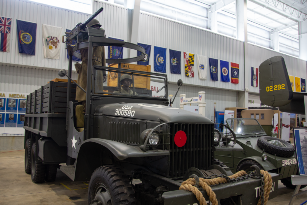 Military vehicle in the aircraft pavilion