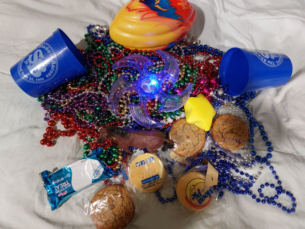 Beads, treats, and other trinkets caught at the Mardi Gras parade in Daphne, Alabama