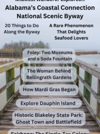 Cover of Midwest Wanderer Explores. Image of the Meaher State Park boardwalk with article titles on it.