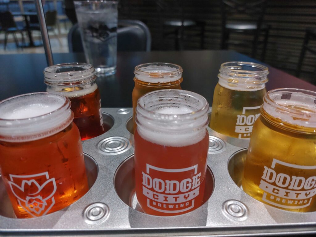 A flight of six beers in Dodge City Brewing classes