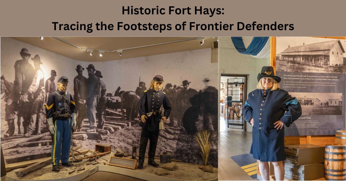 Museum exhibit of frontier soldiers and author dressed in vintage military coat