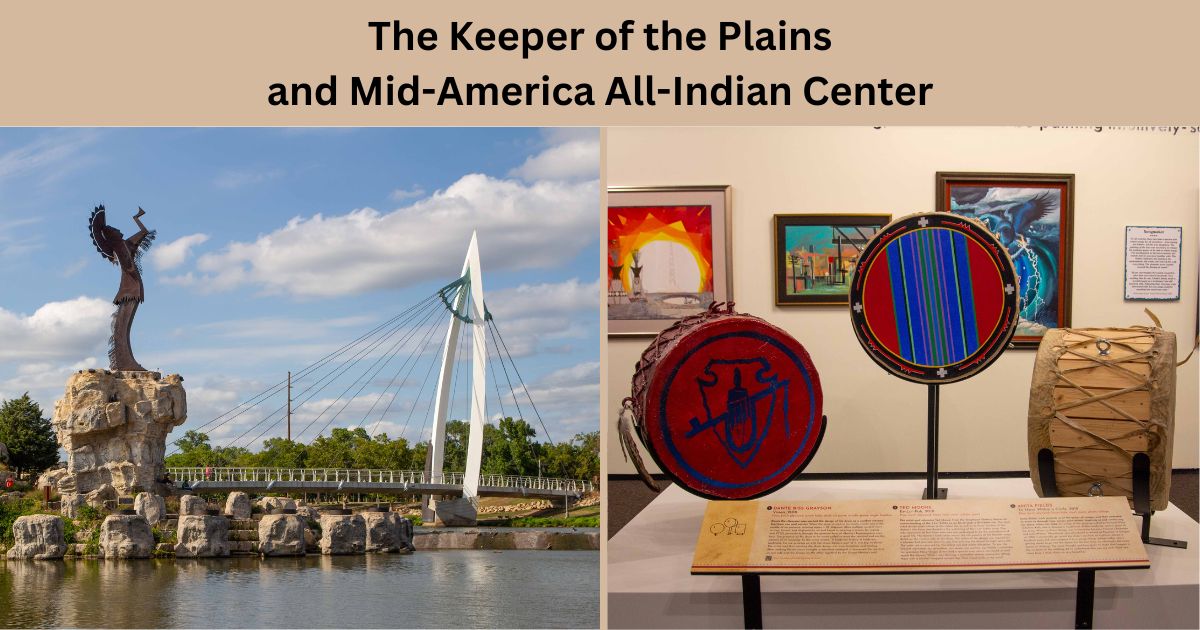 Photos of the Keeper of the Plains statue; another of drums on display in front of paintings