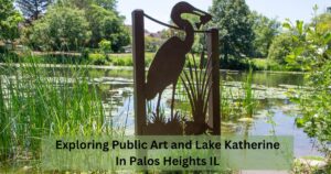Sculpture of a shore bird with a fish in its mouth placed along the shore of Lake Katherine. The title of the article appears at the bottom of the image.